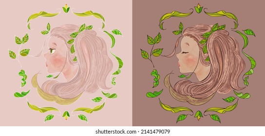 Illustration of a cute girl fringed by decorative plants