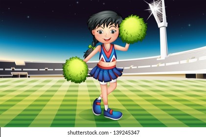 Illustration of a cute girl with green pompoms