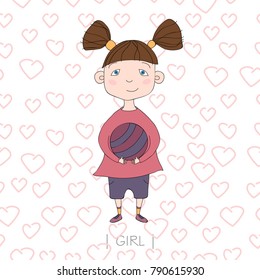 Illustration with cute girl holding a ball. Vector nice little girl