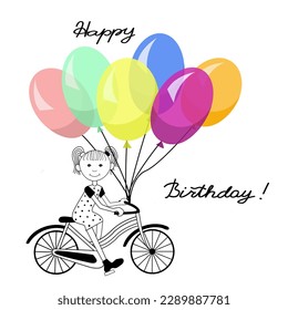 Illustration of a cute Girl Holding Birthday Balloons on bicycle. Line art design. Greeting birthday card in simple style. Vector illustration