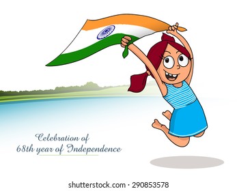 Illustration of cute girl holding Indian national flag and celebrating 68th years of Independency for Independence Day celebration.