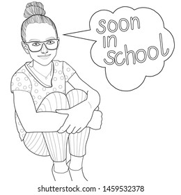 illustration of a cute girl hugging her knees with her hands