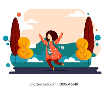 Illustration of Cute Girl Jumping on Abstract Nature View Background.