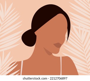 Illustration of a cute girl with leaves on a pink background