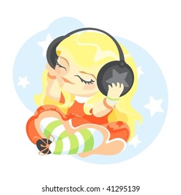 illustration of a cute girl listening to music in headphones