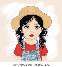 Illustration of a cute girl with long black hair and a beach hat on her head