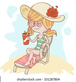 Illustration of cute girl lying on the beach and drinking on the lounger on a colorful background