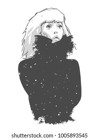 Illustration of cute girl with make up and dyed hair wearing black clothing with star texture in black and white