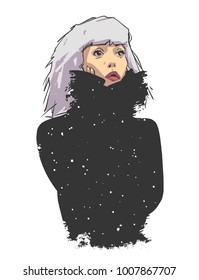 Illustration of cute girl with make up and dyed hair wearing black clothing with star texture in color