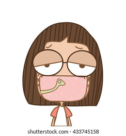 Illustration cute girl with mash,cough on white background.