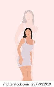 Illustration of a cute girl on a light pink background.