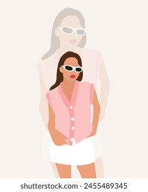 Illustration of a cute girl on a light grey background.
