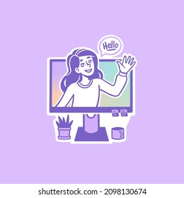 Illustration of a cute girl peeking out of the computer screen and waving her hand and greeting you. Thanks to this picture, you can greet your viewers by posting the illustration on your website.