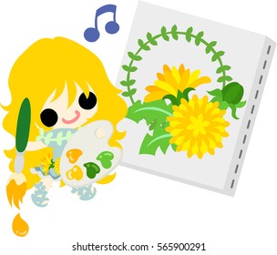 Illustration of a cute girl and a picture of dandelion