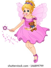 Illustration of a cute girl in a purple dress with fairy wings. Beautiful little princess. Wave a magic wand. 