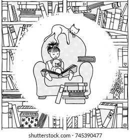 Illustration of a cute girl sitting in a huge armchair with her teddy and her pet cat, reading a book, black and white