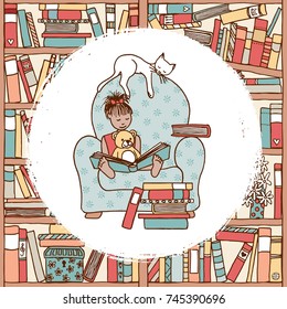 Illustration of a cute girl sitting in a huge armchair with her teddy and her pet cat, reading a book