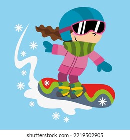 Illustration of a cute girl sliding with her snowboard
