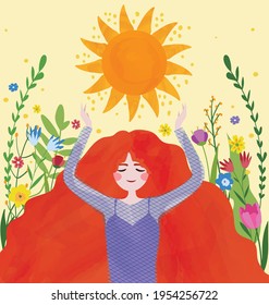 Ilustración de una linda chica con el sol en sus manos. Una chica de cabello largo y rojo. Chica de primavera. Sol, flores, primavera.