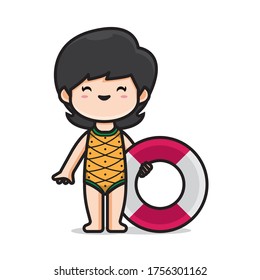 Illustration of cute girl with swim ring vector The Concept of Isolated Technology. Flat Cartoon Style Suitable for Landing Web Pages, Banners, Flyers, Stickers, Cards