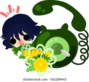 Illustration of a cute girl and a telephone of dandelion