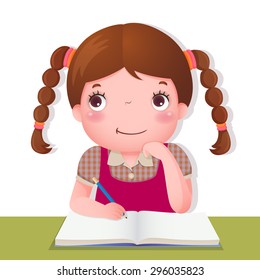 Illustration of cute girl thinking while working on her school project