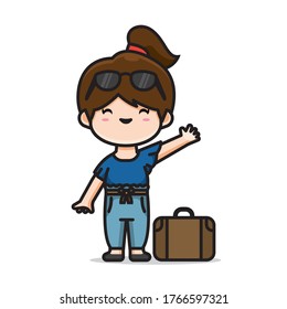 Illustration of cute girl traveling  The Concept of Isolated Technology. Flat Cartoon Style Suitable for Landing Web Pages, Banners, Flyers, Stickers, Cards