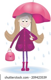 Illustration  of cute girl with umbrella  boots  raincoat and rain