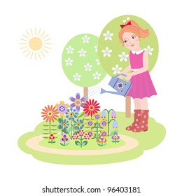 Illustration of a cute girl watering the flowers