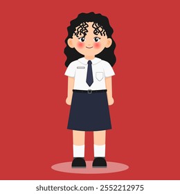 Ilustración de la muchacha linda con el pelo ondulado que lleva el uniforme indonesio de la escuela secundaria