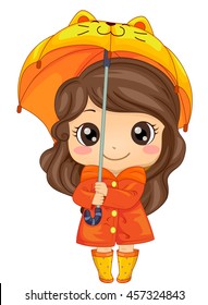 Illustration of a Cute Girl Wearing an Orange Raincoat