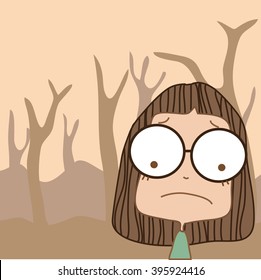 Illustration cute girl were among the barren trees.