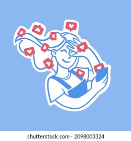 Illustration of a cute girl who is being bombarded by a wave of likes. Suitable for the design of your website, webinar, course, master class, and more. You can easily change the color if you want.