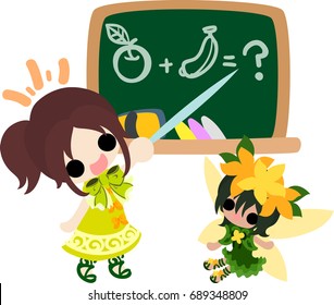 The illustration of a cute girl who gives lessons to a cute fairy