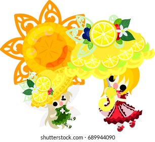 The illustration of a cute girl who has a parasol and a cute fairy who put on a hat