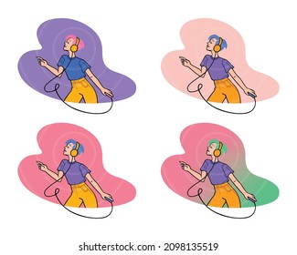 Illustration of a cute girl who listens to music in dynamic poses. The file includes a vector illustration with several options for color palettes and ethnicity.