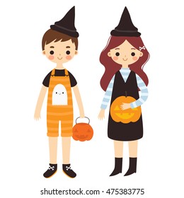 illustration of cute girl in witch costume with pumpkin and boy on white background. can be used for greeting cards, posters and party invitations
