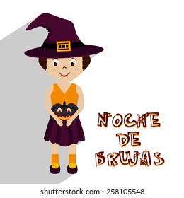 Illustration of cute girl with witch hat for Halloween & Noche de brujas festival