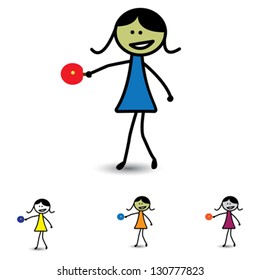 Illustration of cute girl(kid) playing table tennis game. The graphic shows smiling and happy child serving ping pong ball with racket and having fun.