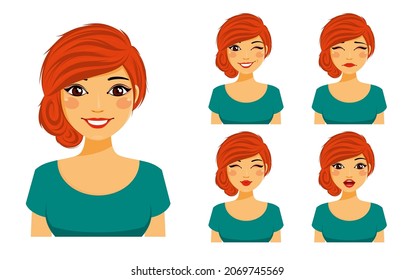 Illustration of cute girls  faces showing different emotions. Flirting, kissing, sad, surprised, winking.  Flat style on white background. Cartoon