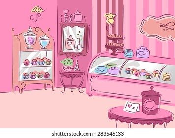 Illustration einer Cute und Girly Patisserie mit rosafarbenem Mobiliar