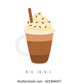 illustration of cute glass of hot cocoa or coffee with cream on white background. can be used for greeting cards or like stickers