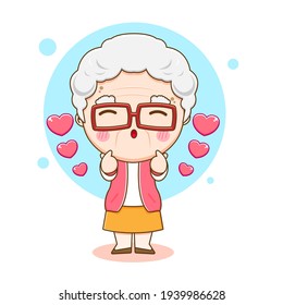 Illustration of cute grand mother or old woman character posing finger love