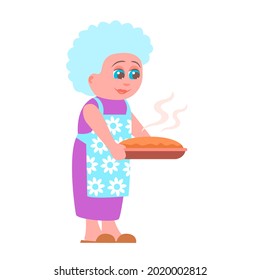 Illustration of a cute grandmother with a pie in her hands. The old woman has a kind smile on her face. Vector cartoon isolated illustration