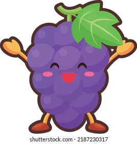 Illustration of a cute grape character rejoicing with both hands raised