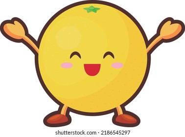 Illustration of a cute grapefruit character happy with both hands up