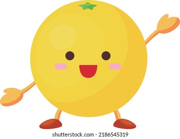 Illustration of a cute grapefruit character raising one hand