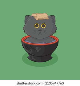 Illustration cute gray cat bathing in black saucer bowl