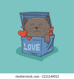 Illustration of a cute gray cat in a blue box on valentine's day on a blue background