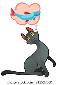 Illustration of a Cute Gray Cat Dreaming of Fish. Vector cartoon.
